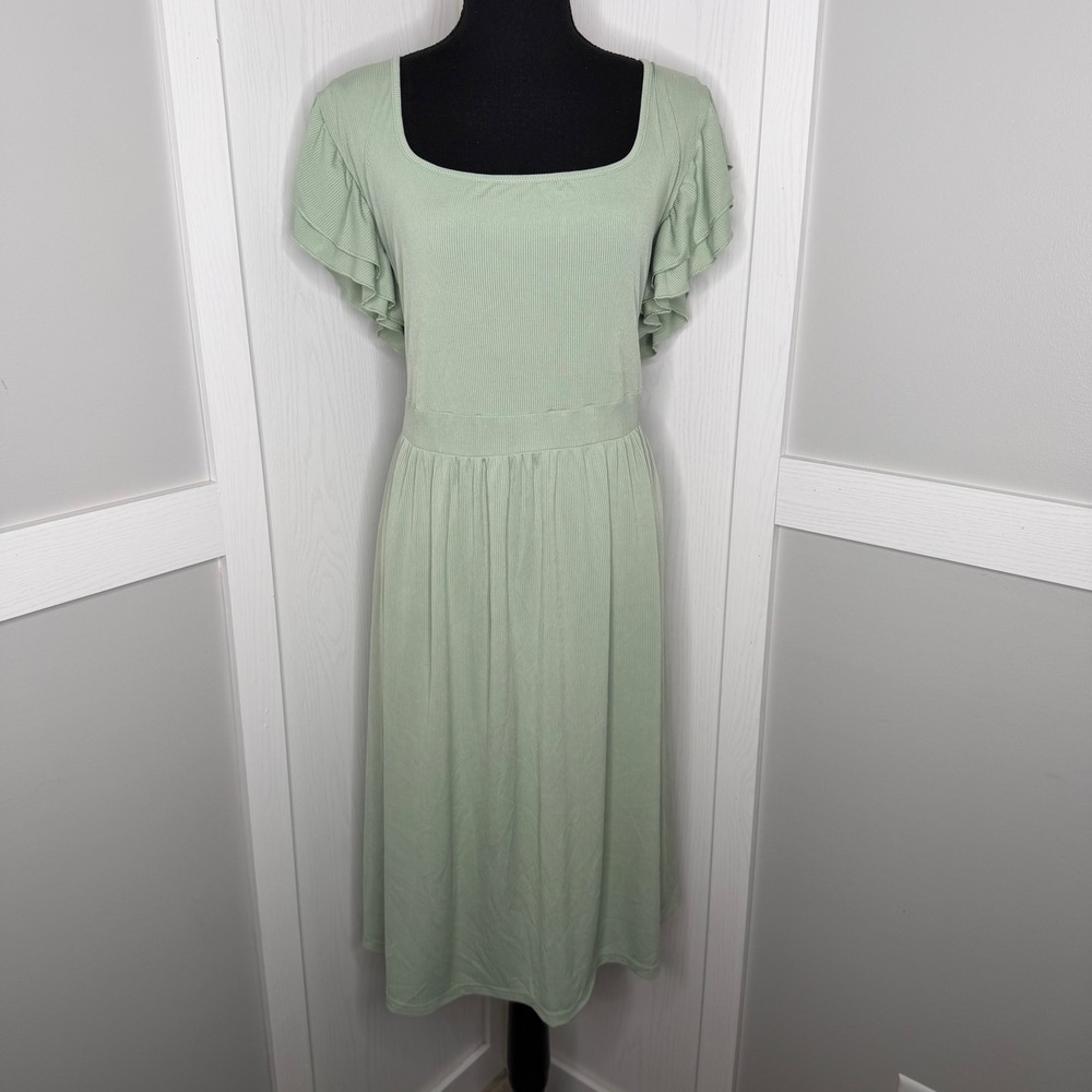 Yesfashion Midi Dress Women 3XL Green Ruffle Sleeve Ribbed Knit Stretch Square